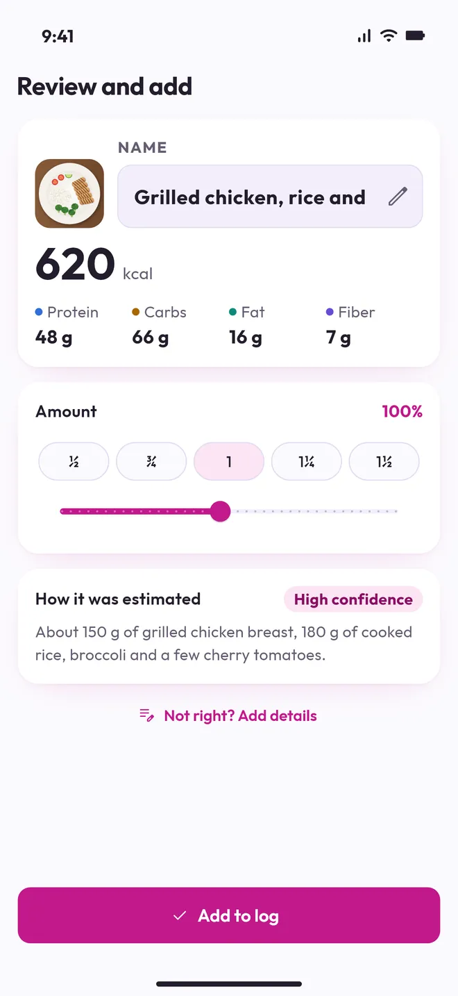 Review and add a meal estimated from a photo