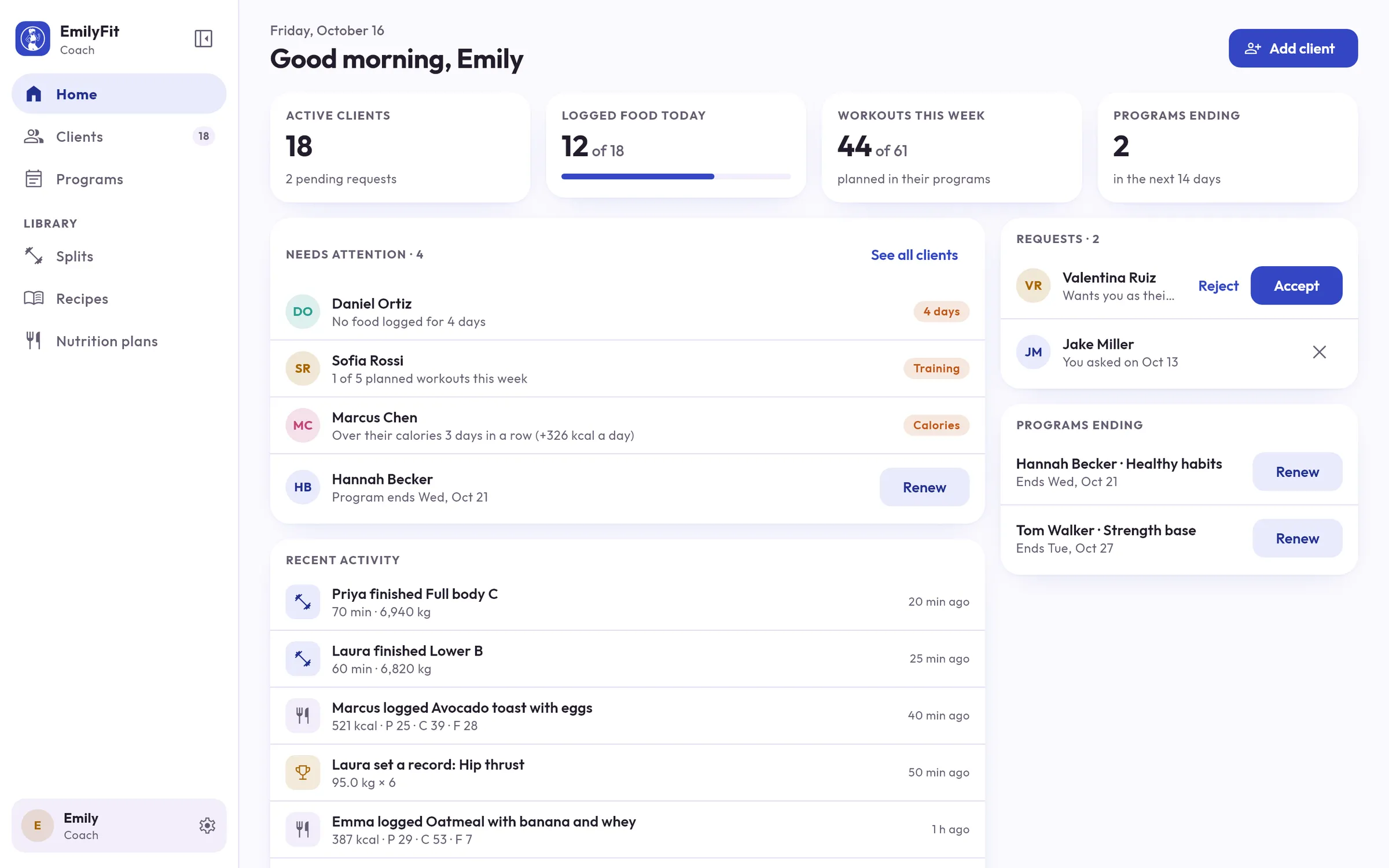 EmilyFit Coach home screen with the clients that need attention