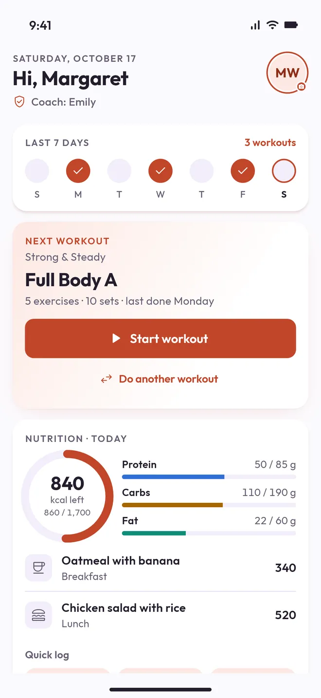The Lite home: the week, the next workout and today's nutrition