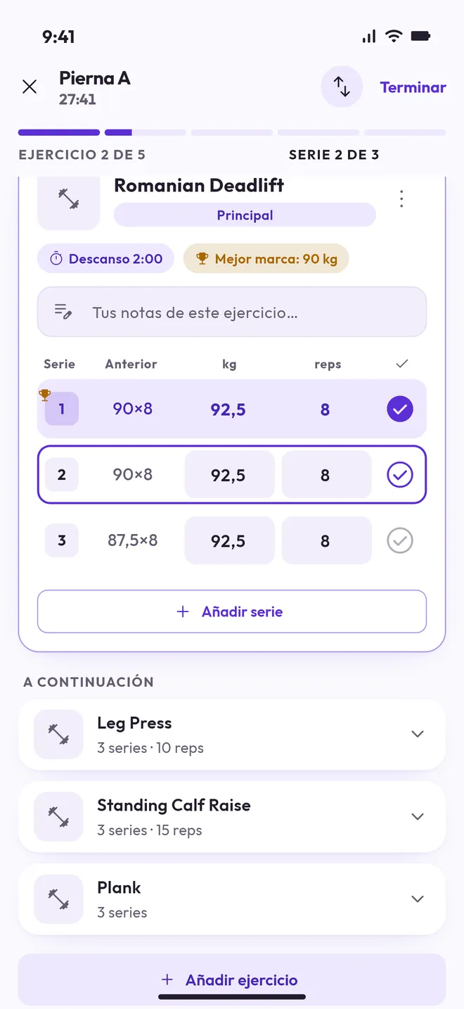 Un entreno en curso en la app Workout